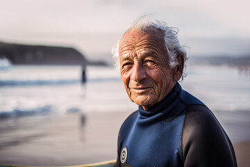 Generative AI image of portrait of smiling senior male with gray hair and in swimsuit looking at camera while standing on sandy beach near sea in evening