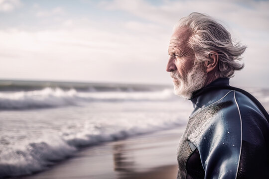 Generative AI image of side view of senior male with gray hair looking away while standing on sandy beach with waving seawater in sunny daytime