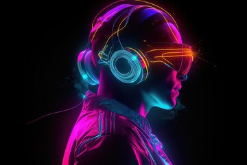 Stylish fashion teenager wearing headphones listening dj music in neon lights. Generative ai.