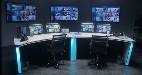 Workspace in modern security control center for monitoring CCTV cameras with AI facial recognition system. Computer monitors, tablet and big digital screens showing surveillance cameras video footage.
