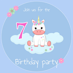 Card invitation for birthday party with cute unicorn rainbow, stars, flower, cloud for 7 year babe