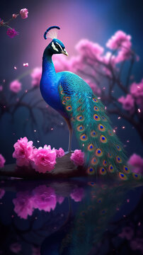 Beautiful blue peacock with a screen on a branch full of pink flowers back ground with many beautiful spectra bright golden water. Generative AI
