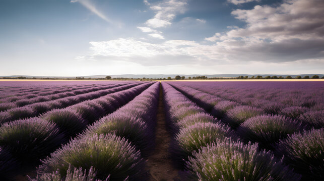 A serene field of lavender in full bloom, spreading its delightful fragrance as far as the eye can see, with rows of vibrant purple flowers creating a stunning visual spectacle. Generative AI
