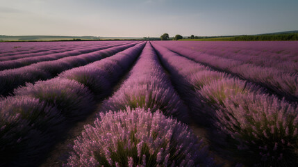 Fototapeta premium A serene field of lavender in full bloom, spreading its delightful fragrance as far as the eye can see, with rows of vibrant purple flowers