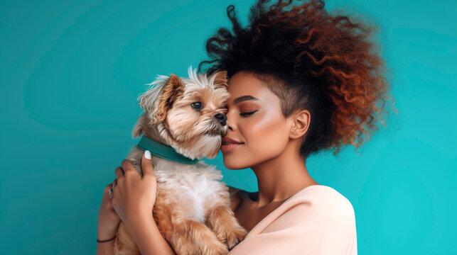 Generative AI image of loving young woman with curly hair embracing Yorkshire Terrier dog against blue background