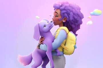 Generative AI illustration of side view of cartoon black girl character with backpack hugging dog in pastel colors against violet background with colorful clouds