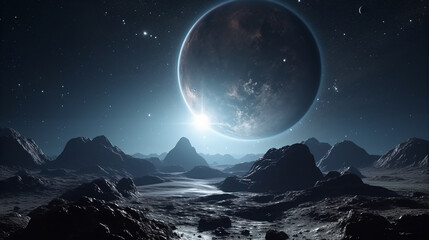 Naklejka na ściany i meble Earth and sun light close up seen from the moon surface. Moon surface and Earth on the horizon. Space art fantasy. Generative AI