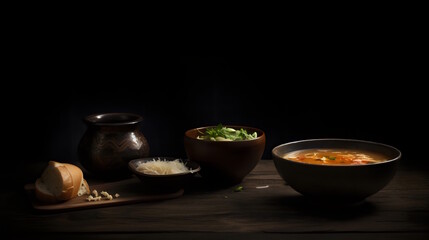 Obraz na płótnie Canvas Fufu and soup on dark black background. generative ai