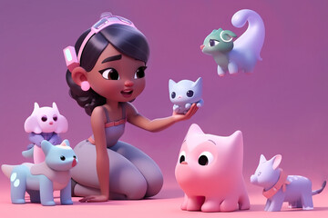 Generative AI illustration of full body woman with black hair sitting on floor surrounded by fabulous animals