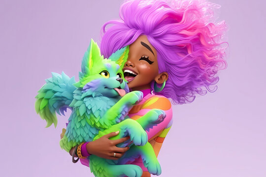 Generative AI illustration of cheerful woman with purple hair and closed eyes holding cute colorful dog while standing on violet background