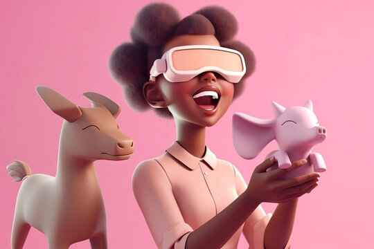Generative AI illustration of joyful African American woman with dark hair in VR goggles smiling brightly while exploring cyberspace and stroking fairy animals against pink background