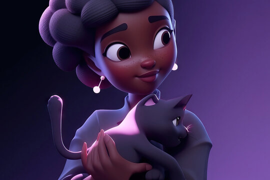 Generative AI illustration of smiling ethnic woman holding black cat while standing in dark room and looking away - Powered by Adobe