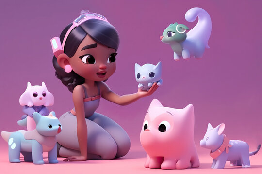 Generative AI illustration of full body woman with black hair sitting on floor surrounded by fabulous animals