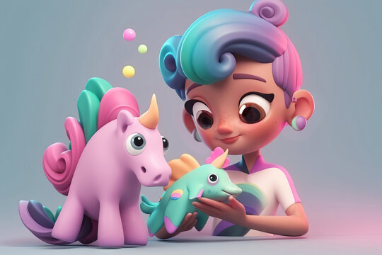 Generative AI illustration of cartoon girl character holding unicorn toy in pastel colors against gray and pink background