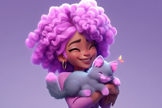 Generative AI illustration of happy African American woman in sweater hugging adorable cat while standing on purple background