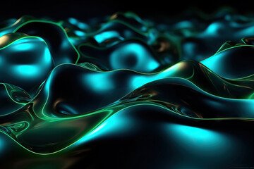 Generative AI illustration of abstract dark background with shiny curvy lines and glowing surface in neon illumination