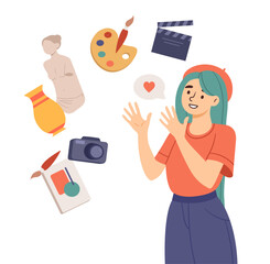 Girl and her hobby. Young person in beret stands near brush, clapperboard, camera, statue and vase. Creativity and art. Cinema, sculpture, drawing and photographing. Cartoon flat vector illustration