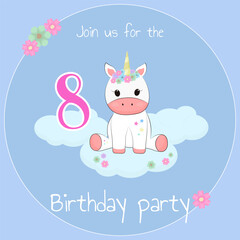 Card invitation for birthday party with cute unicorn rainbow, stars, flower, cloud for 8 year babe