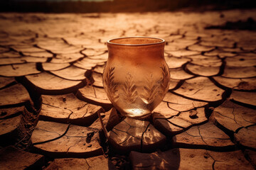 Generative AI illustration of vintage glass vase with shiny surface placed on dry sandy terrain with cracks representing concept of drought in evening desert