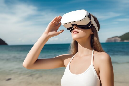 abstract woman cyber digital virtual vr glasses technology future travel reality. Generative AI.