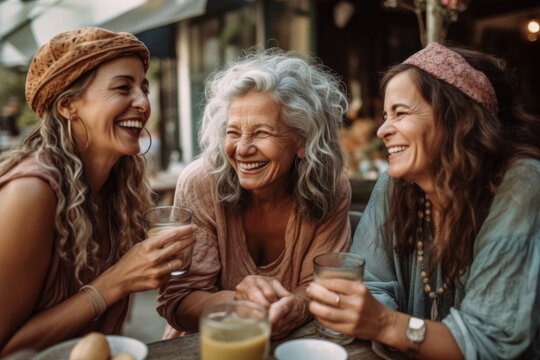 Generative AI illustration of cheerful mature female friends in casual clothes with curly hair and glasses of drinks smiling and looking at each other 