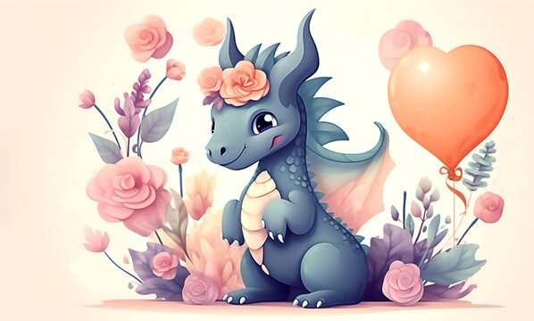 Happy Birthday. Happy Cute cartoon dragon.Illustration. Post processed AI generated image