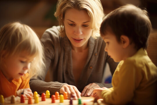 Generative AI illustration of focused mother helping little children to play game while spending time together at home