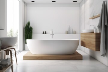 Naklejka na ściany i meble wood white luxury architecture home interior modern house bathroom bathtub beautiful. Generative AI.