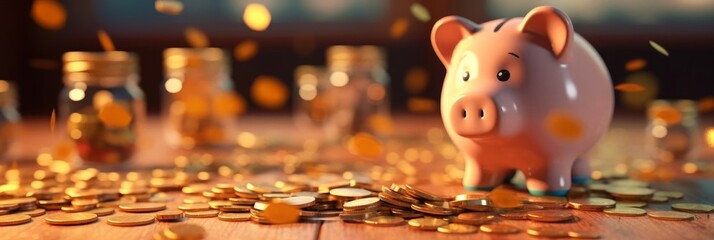 Piggy bank filled with coins scattered on the table, savings and financial management. Generative AI