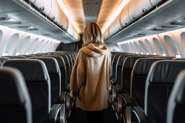 Back view of a woman traveling on an airplane, embracing the thrills of exploration and wanderlust, beautiful art of generative ai