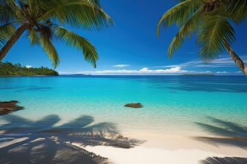 Fototapeta na wymiar Breathtaking view of a beautiful tropical beach, where crystal clear waters meet pristine white sands, embraced by two majestic palm trees
