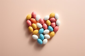 Obraz premium Flat lay view of multicolored medical pills arranged in the shape of a heart on a vibrant yellow background, beautiful art of generative ai