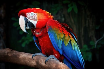 Naklejka na ściany i meble Nature's colorful gem, scarlet macaw parrot with its dazzling red and blue plumage perched majestically on a branch