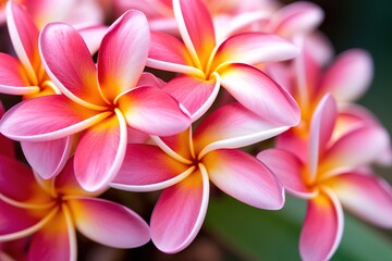 Fototapeta na wymiar Close-up capture of pink frangipani (pink plumeria) flowers revealing nature's delicate beauty