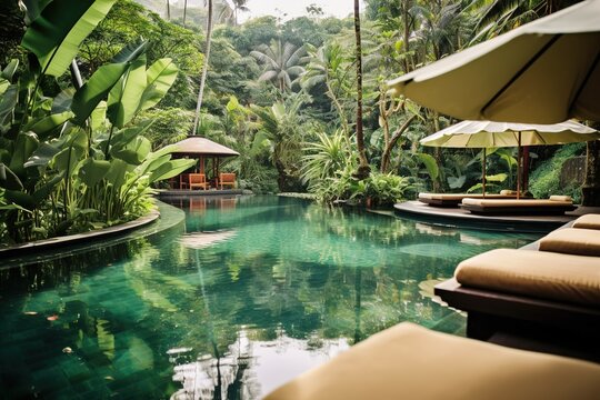 Exotic oasis in bali, a tropical swimming pool, nestled amidst the breathtaking scenery of indonesia's enchanting island, beautiful art of generative ai