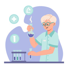 Fototapeta na wymiar Girl mixes chemicals. Woman in medical uniform stands with test tubes in laboratory. Character develops drugs and medicine. Science experiment with substances. Cartoon flat vector illustration