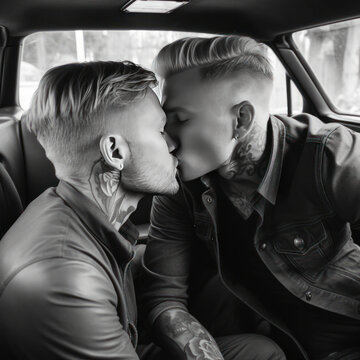 Generative AI illustration of young gay couple in cozy leather jacket sitting in back seat of car while kissing each other