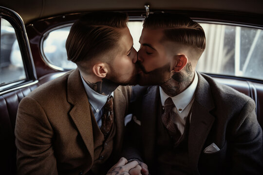 Generative AI illustration of young gay couple in tattoo with formal suits sitting in old fashioned van while kissing each other