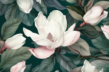 leaf magnolia design pattern seamless flower decoration floral wallpaper watercolor background. Generative AI.