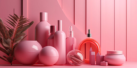 Mockup of cosmetic products for skin and hair care. Pink bottles and tubes on pink backdrop. Blank space for text or logo design. Generative Ai illustration