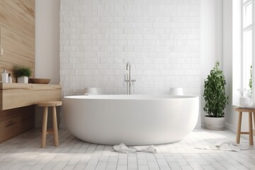 Fototapeta na wymiar bathtub white house wall modern wood home bathroom interior architecture luxury. Generative AI.