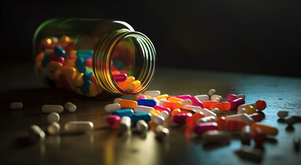 Unintentional Drug Exposure, Pills Spilling from Prescription Bottle on Table, Generative AI