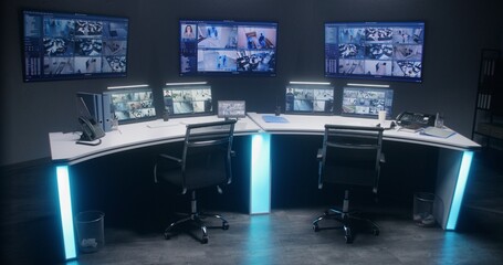 Workspace in modern security control center for monitoring CCTV cameras with AI facial recognition system. Computer monitors, tablet and big digital screens showing surveillance cameras video footage.