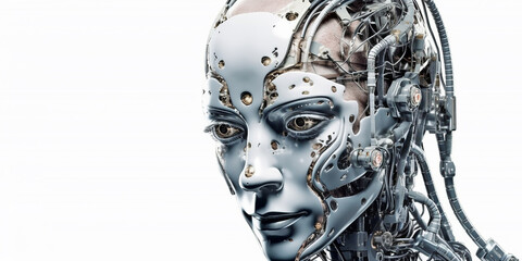 The face of a humanoid robot on an isolated background and close-up. Generative AI