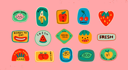 Set of various food Stickers. Colorful patch, tag, stamp, label, badge. Healthy, fresh, organic, local, fruit, eco, vegetarian concept. Hand drawn Vector illustration. Isolated design templates