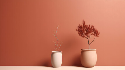 Minimalist Terracotta Pots and Small Tree Against Salmon-Colored Wall, ai generated