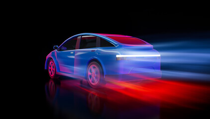 Fototapeta na wymiar Ev car or electric vehicle motion drive on neon glow background