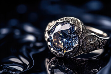 Close up diamond ring jewelry. A diamond engagement ring. Generative AI