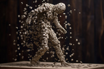 The man made of disintegrating tessellated cubes. Concept of disintegration of mind. Generative AI