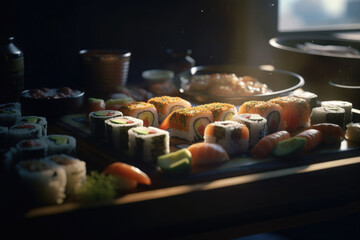 Sushi set nigiri and sushi rolls served on wooden board on dark background. Generative AI